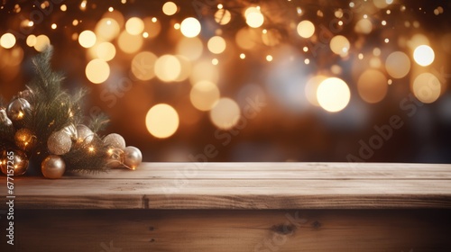 Merry Christmas and Happy New Year background with empty wooden table over Christmas tree and blurred light bokeh. Empty display for product placement. Rustic vintage Xmas 2024 background. comeliness