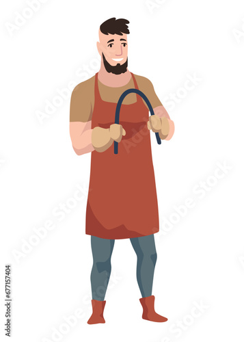Blacksmith worker. Craftsmanship making steel tools. Character with hammer making goods in foundry workshop. Worker making some items. Vector cartoon person