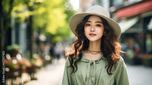 smiling vogue Asian girl with hat on the plaza shopping district background