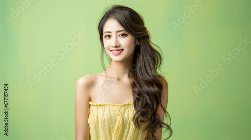 portrait of vogue fashion smiling Asian girl, solid color background