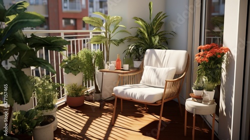 A contemporary balcony with potted plants  comfortable seating  and a small bistro table.
