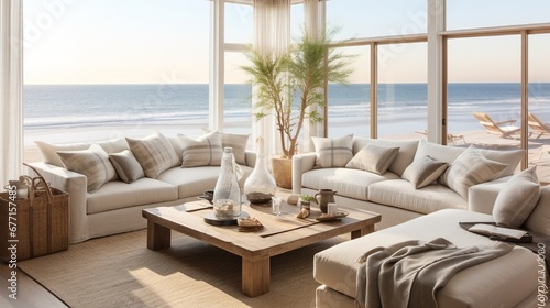 A contemporary beach house living room with oversized windows  slipcovered furniture  and coastal decor.