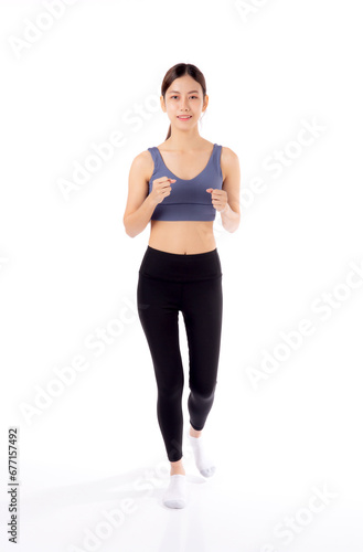 Portrait of beautiful young asian woman in sportswear jogging for workout isolated white background, sport and exercise for health, female running with confident and wellness, hobby for health.