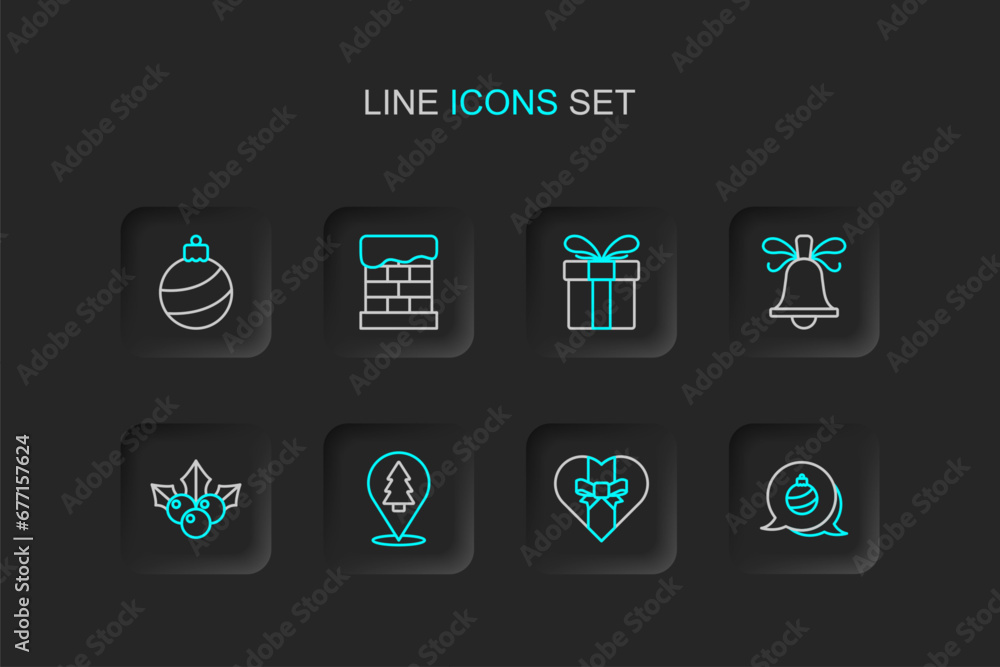 Set line Christmas ball, Gift box, tree, Branch viburnum, ringing bell, chimney and icon. Vector Set line Christmas ball, Gift box, tree, Branch viburnum, ringing bell, chimney and icon. Vector