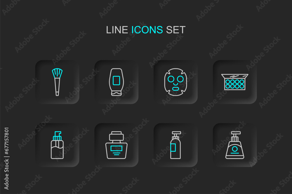 Set line Cream or lotion cosmetic tube, Bottle of shampoo, Perfume, liquid soap, Makeup powder with mirror, Facial mask, and brush icon. Vector Set line Cream or lotion cosmetic tube, Bottle of shampoo, Perfume, liquid soap, Makeup powder with mirror, Facial mask, and brush icon. Vector