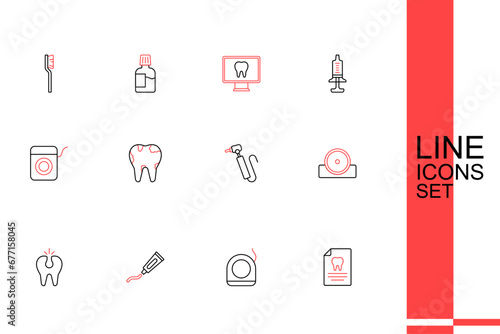 Set line Clipboard with dental card, Dental floss, Tube of toothpaste, Broken, Otolaryngological head reflector, Tooth drill, and icon. Vector