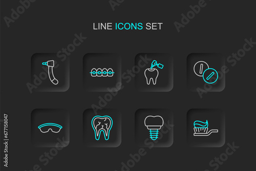 Set line Toothbrush with toothpaste, Dental implant, Broken, Safety goggle glasses, Toothache painkiller tablet, caries and drill, Teeth braces and icon. Vector