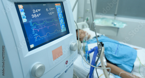 Attached medical equipment such as blood pressure cuff, temperature probe and heart rate monitor with blurry severe patient in intensive care unit (ICU). photo