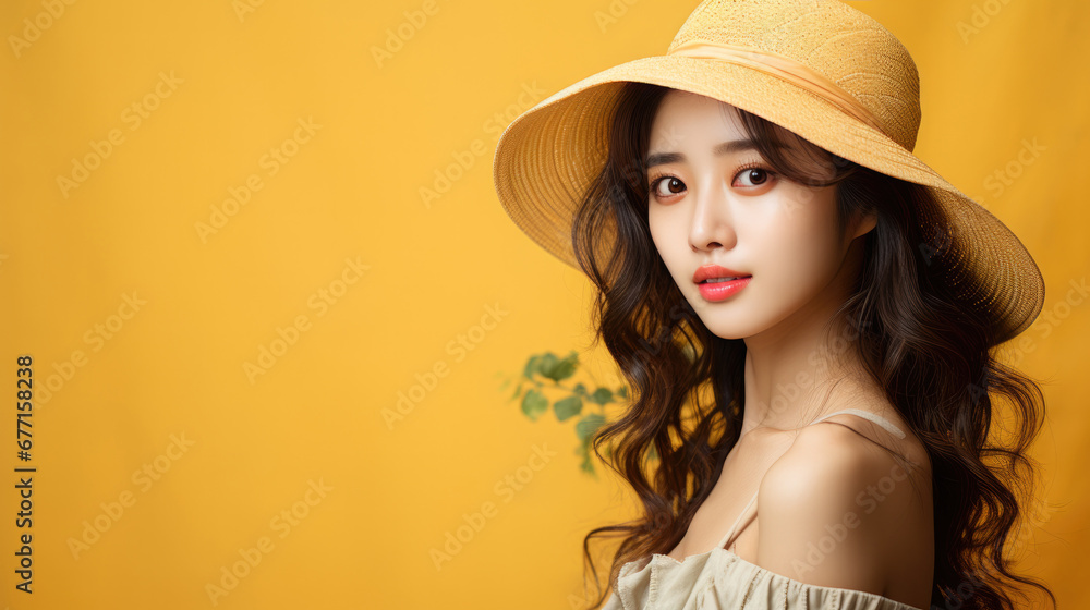 Portrait of vogue fashion smiling Asian girl, solid color background Portrait of vogue fashion smiling Asian girl, solid color background