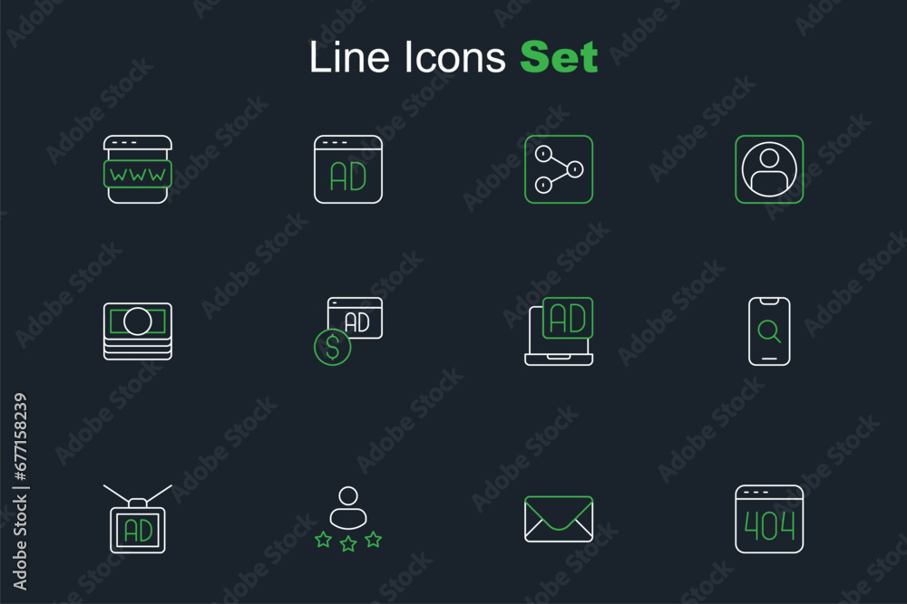 Set line Page with a 404 error, Mail and e-mail, Consumer product rating, Advertising, Magnifying glass mobile, and Stacks paper money cash icon. Vector
