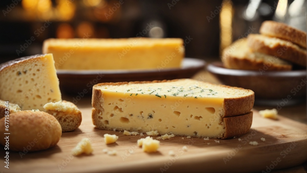 Close up high resolution image of a fresh homemade cheese on the table. Generative AI.