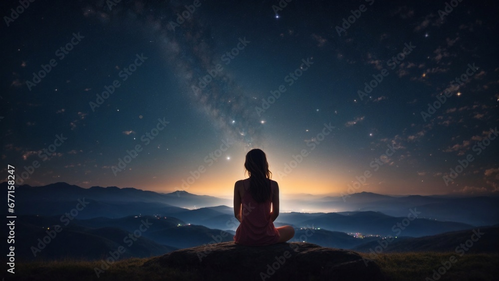 Women doing yoga in the top of mountain, with night starry sky background 