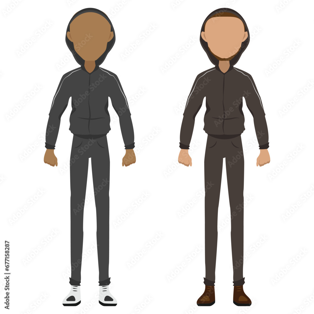 Faceless male characters in sports costumes with hoods, cartoon style Faceless male characters in sports costumes with hoods, cartoon style