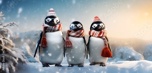 Festive Penguin Family with North Pole Backdrop