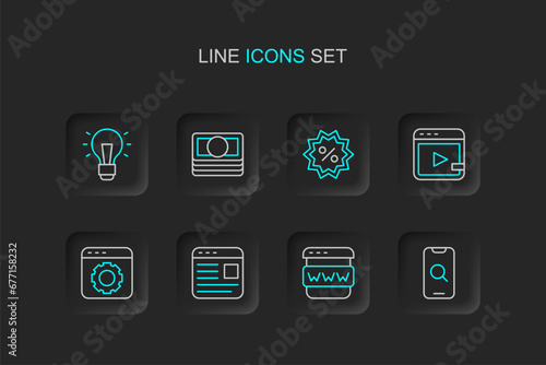 Set line Magnifying glass and mobile, Browser window, Advertising, setting, Video advertising, Discount percent tag, Stacks paper money cash and Light bulb icon. Vector