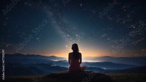 Women doing yoga in the top of mountain, with night starry sky background 