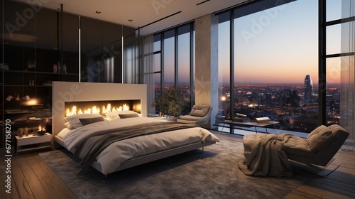 A contemporary luxury penthouse bedroom with floor-to-ceiling windows, a sleek fireplace, and plush bedding. © SHAPTOS