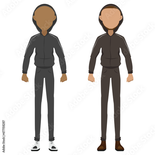 Faceless male characters in sports costumes with hoods, cartoon style
