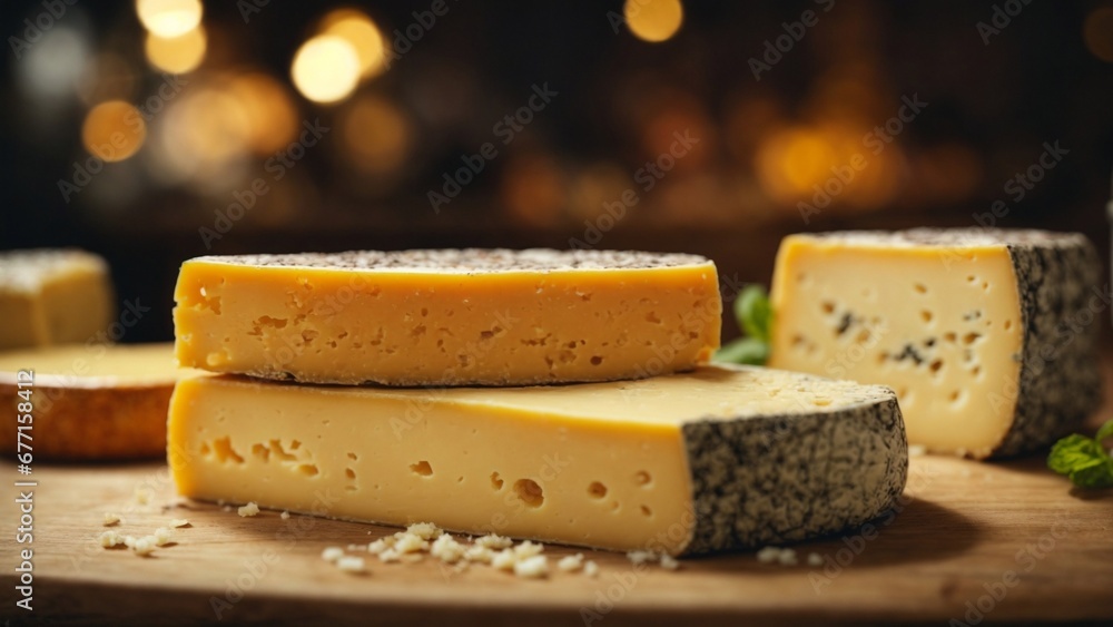 Fototapeta premium Close up high resolution image of a large piece of homemade cheese on the table. Generative AI.
