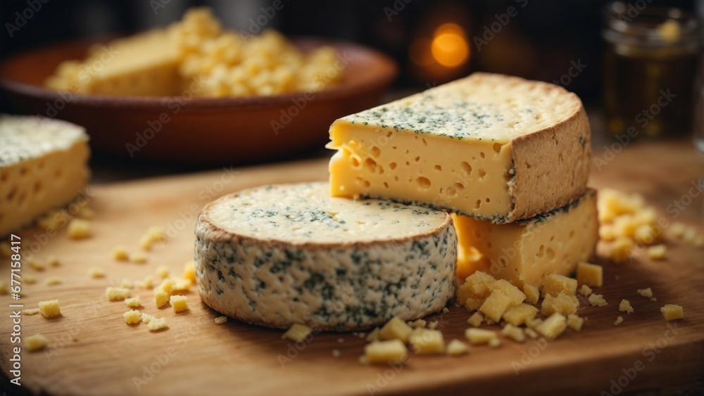 Close up high resolution image of delicious and creamy cheese on the table. Generative AI.