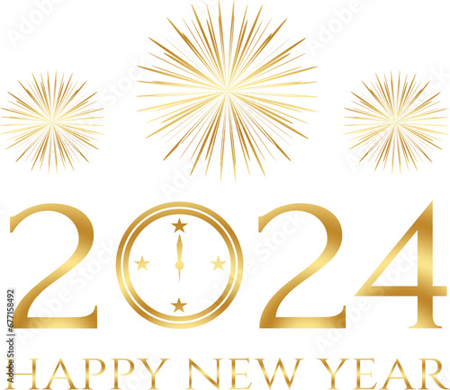 happy new year 2024 - golden design, golden fireworks, clock, no background, PNG