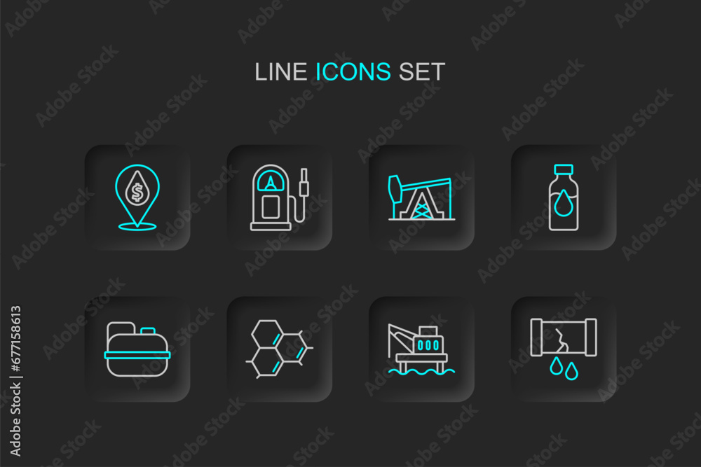 Set line Broken oil pipe with valve, Oil platform in the sea, Molecule, Canister gasoline, petrol test tube, pump pump jack, Petrol station and drop dollar symbol icon. Vector Set line Broken oil pipe with valve, Oil platform in the sea, Molecule, Canister gasoline, petrol test tube, pump pump jack, Petrol station and drop dollar symbol icon. Vector