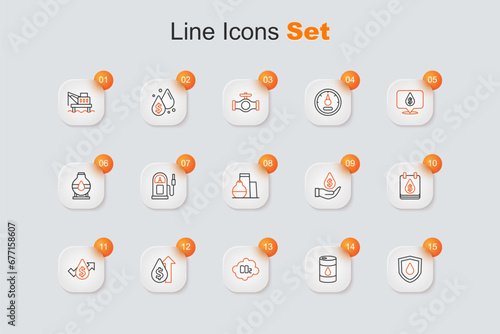 Set line Oil drop on shield, Barrel oil, CO2 emissions in cloud, price increase, with dollar symbol, and tank storage icon. Vector