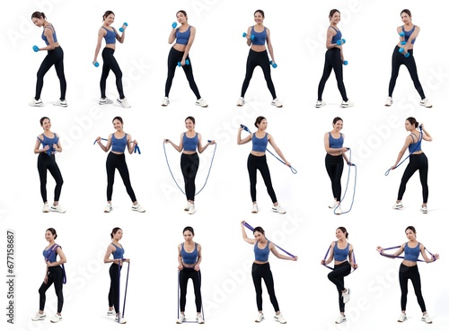 Collection of body workout training with exercise posture for athletic woman in different various exercising pose sequence in full body studio shot on isolated background. Vigorous