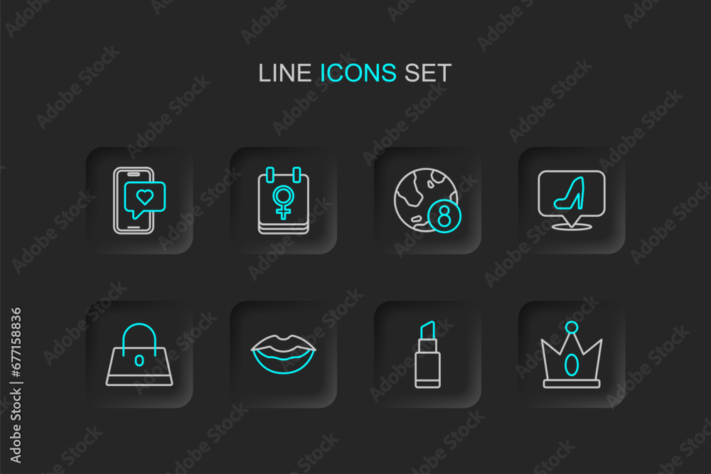 Set line King crown, Lipstick, Smiling lips, Handbag, Woman shoe, International Women Day, Calendar with 8 March and Mobile heart icon. Vector Set line King crown, Lipstick, Smiling lips, Handbag, Woman shoe, International Women Day, Calendar with 8 March and Mobile heart icon. Vector