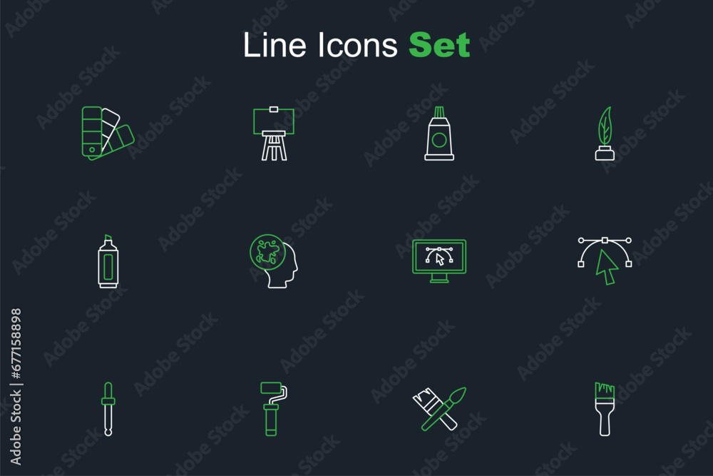Set line Paint brush, roller, Eyedropper color picker palette, Bezier curve, Computer with design program, spray and Marker pen icon. Vector Set line Paint brush, roller, Eyedropper color picker palette, Bezier curve, Computer with design program, spray and Marker pen icon. Vector
