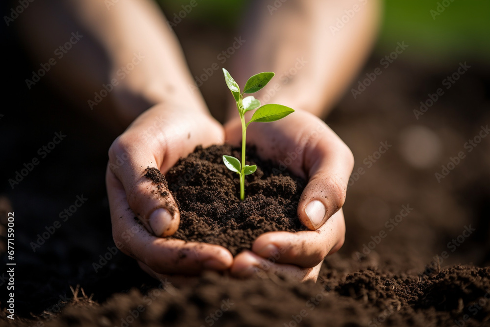 A close-up of a person's hand holding soil with sprouting seeds, signifying growth and renewal, creativity with copy space A close-up of a person's hand holding soil with sprouting seeds, signifying growth and renewal, creativity with copy space
