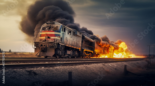 Train derailment accident and fire. Burning train