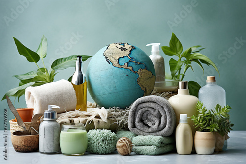 A creative arrangement of eco-friendly products forming the Earth, illustrating sustainable consumer choices, creativity with copy space photo