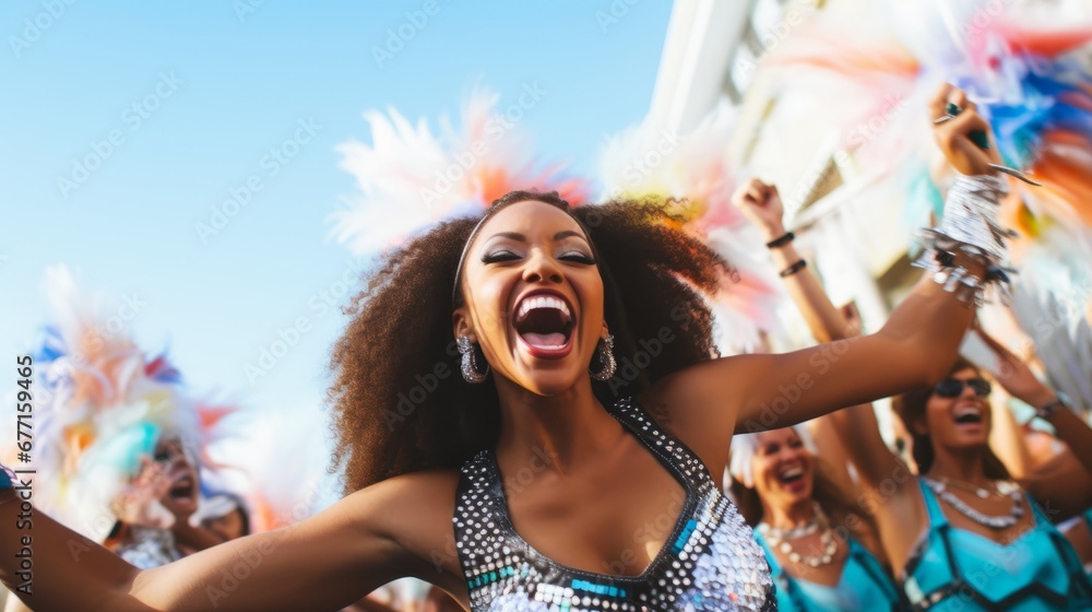 Bright carnival costumes. A fun celebration of a Brazilian party Bright carnival costumes. A fun celebration of a Brazilian party