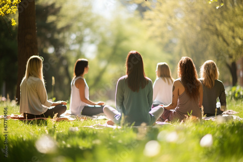Friends participating in an "Earth Day Meditation Circle" outdoors, combining mindfulness and environmental appreciation, creativity with copy space © Лариса Лазебная