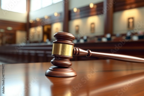 Court gavel in clear focus against a softly blurred court scene