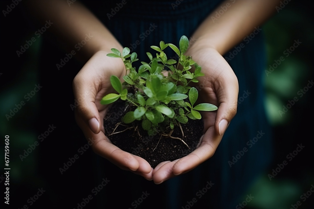 A close-up of hands holding a globe with plant sprouts, symbolizing the interconnectedness of people and nature, creativity with copy space A close-up of hands holding a globe with plant sprouts, symbolizing the interconnectedness of people and nature, creativity with copy space