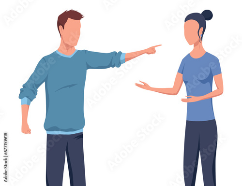 Angry couple shouting at each other, marriage problems. People quarrel, wife and husband arguing, family conflict. Vector cartoon illustration