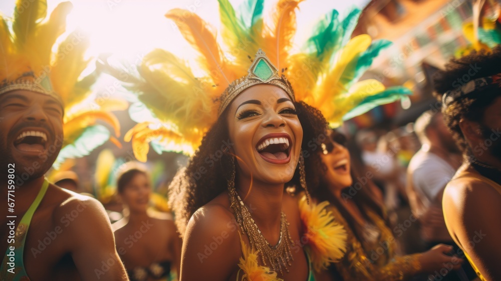 Bright carnival costumes. A fun celebration of a Brazilian party Bright carnival costumes. A fun celebration of a Brazilian party