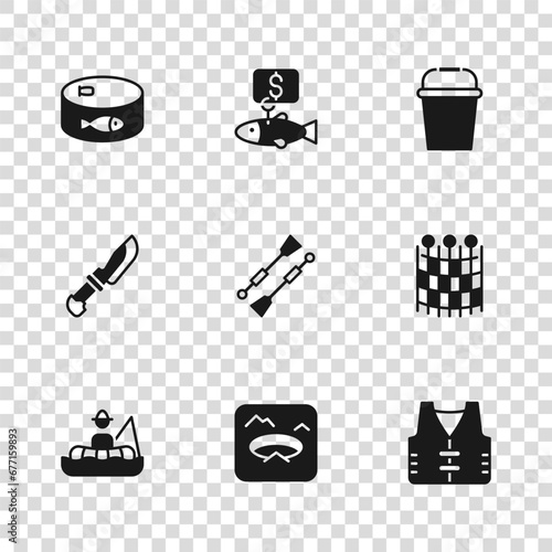 Set Winter fishing, Fishing net pattern, jacket, Oars or paddles boat, bucket, Canned, Price tag for and Knife icon. Vector