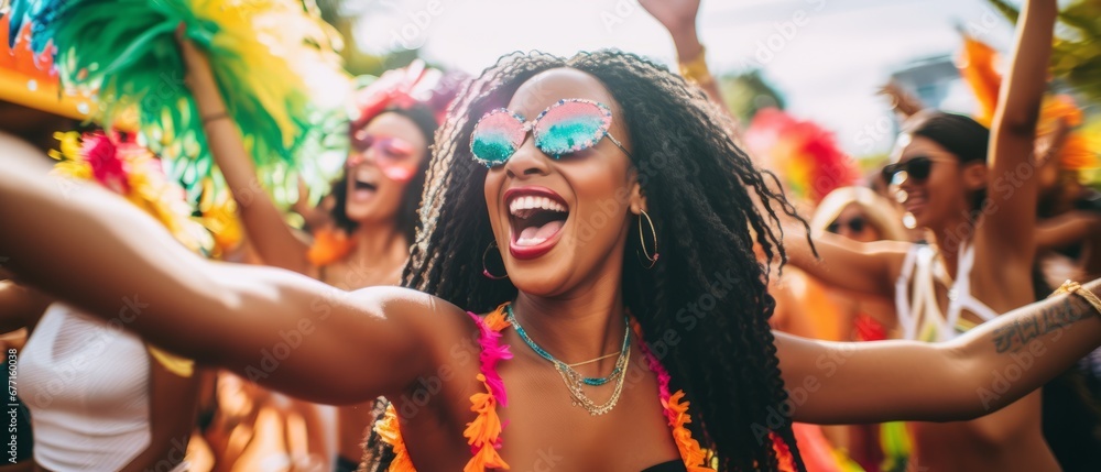 Bright carnival costumes. A fun celebration of a Brazilian party Bright carnival costumes. A fun celebration of a Brazilian party