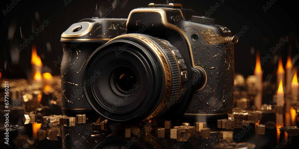 Foto Kamera in gold schwarz edel verarbeitet als Symbol im Querformat für Banner, ai generativ