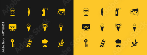 Set Cheese, Leaning tower in Pisa, Carnival mask, Italian cook, Ice cream waffle, Perfume, and French baguette bread icon. Vector