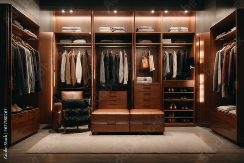 Modern wooden wardrobe with clothes and accessories in brown and beige tones photo
