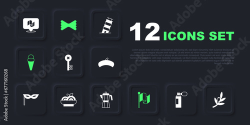 Set Perfume, Olives branch, Old key, Flag Italy, Ice cream in waffle, Pasta spaghetti, Macaroni and Coffee maker moca pot icon. Vector