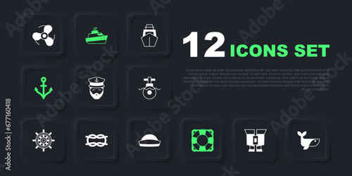 Set Binoculars, Whale, Captain of ship, Lifebuoy, Anchor, Nautical rope knots, Speedboat and Sailor hat icon. Vector