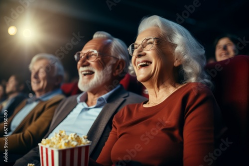 Senior people watching comedy movie in cinema theater on red velvet seat background.
