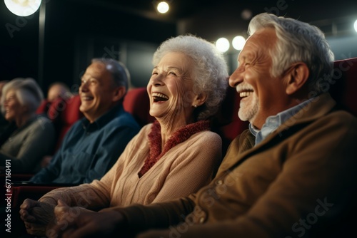 Senior people watching comedy movie in cinema theater on red velvet seat background. © Virtual Art Studio