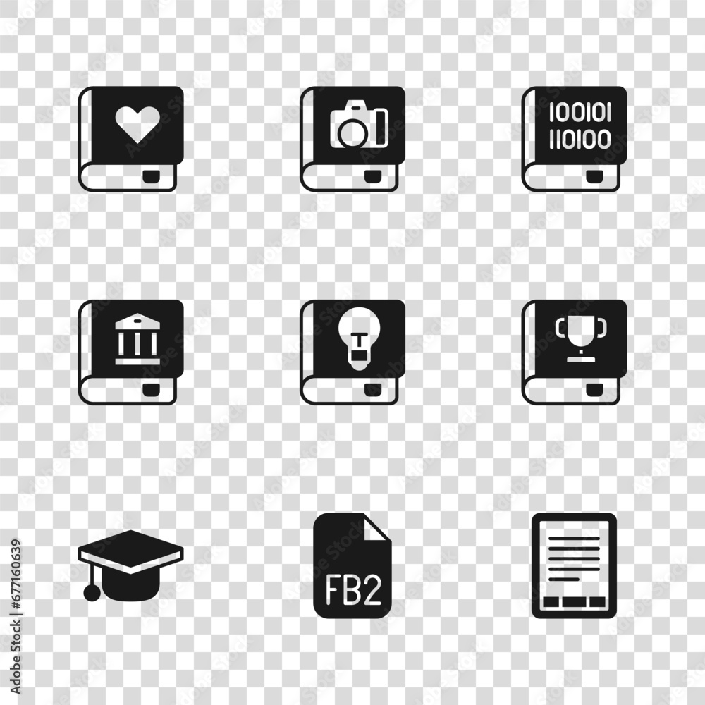 Set FB2 File, Book, E-Book reader, User manual, Books about programming, Romance book, Photo album gallery and Law icon. Vector Set FB2 File, Book, E-Book reader, User manual, Books about programming, Romance book, Photo album gallery and Law icon. Vector
