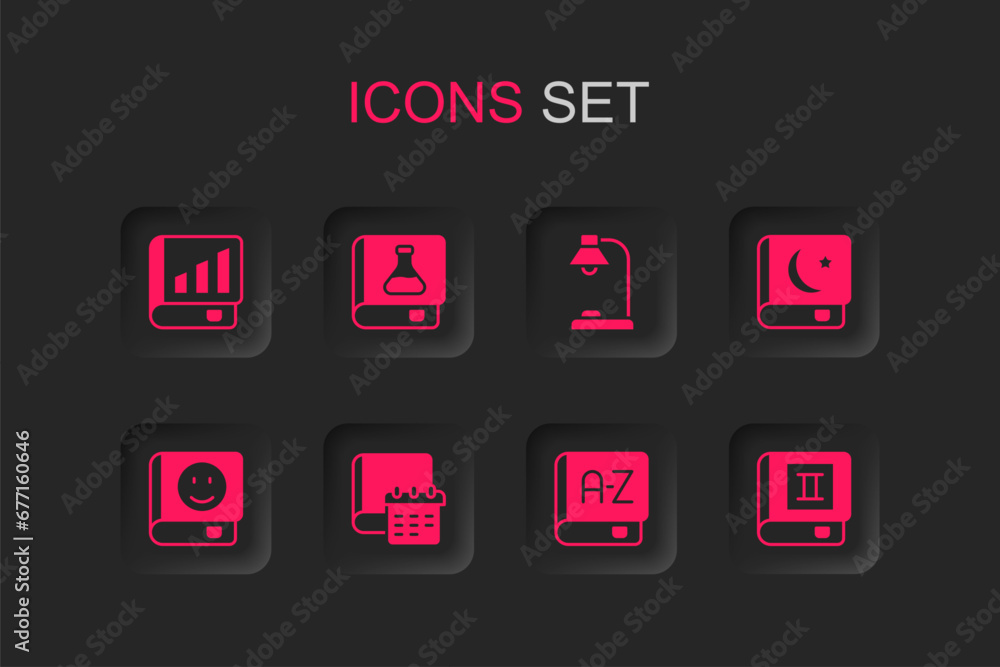 Set Daily paper notepad, Chemistry book, Financial, Translator, Holy of Koran, Book, Table lamp and icon. Vector Set Daily paper notepad, Chemistry book, Financial, Translator, Holy of Koran, Book, Table lamp and icon. Vector